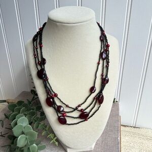 Garnet red faux pearl acrylic oval bead multi strand choker necklace